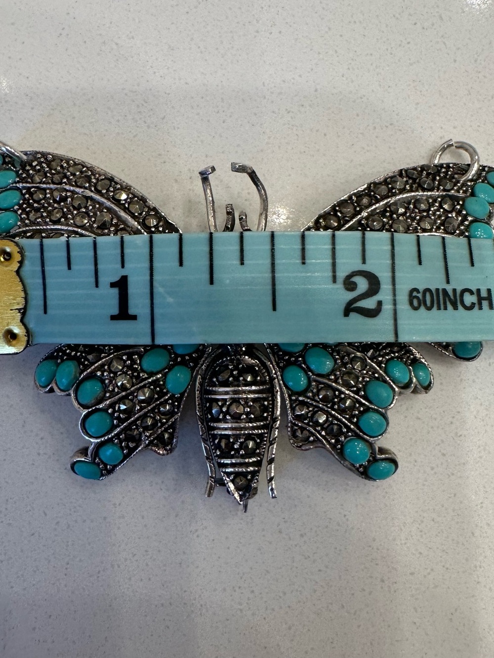 Vintage Sterling Silver Turquoise and Marcasite Butterfly Hinged Brooch/pendant - Picture 8 of 9